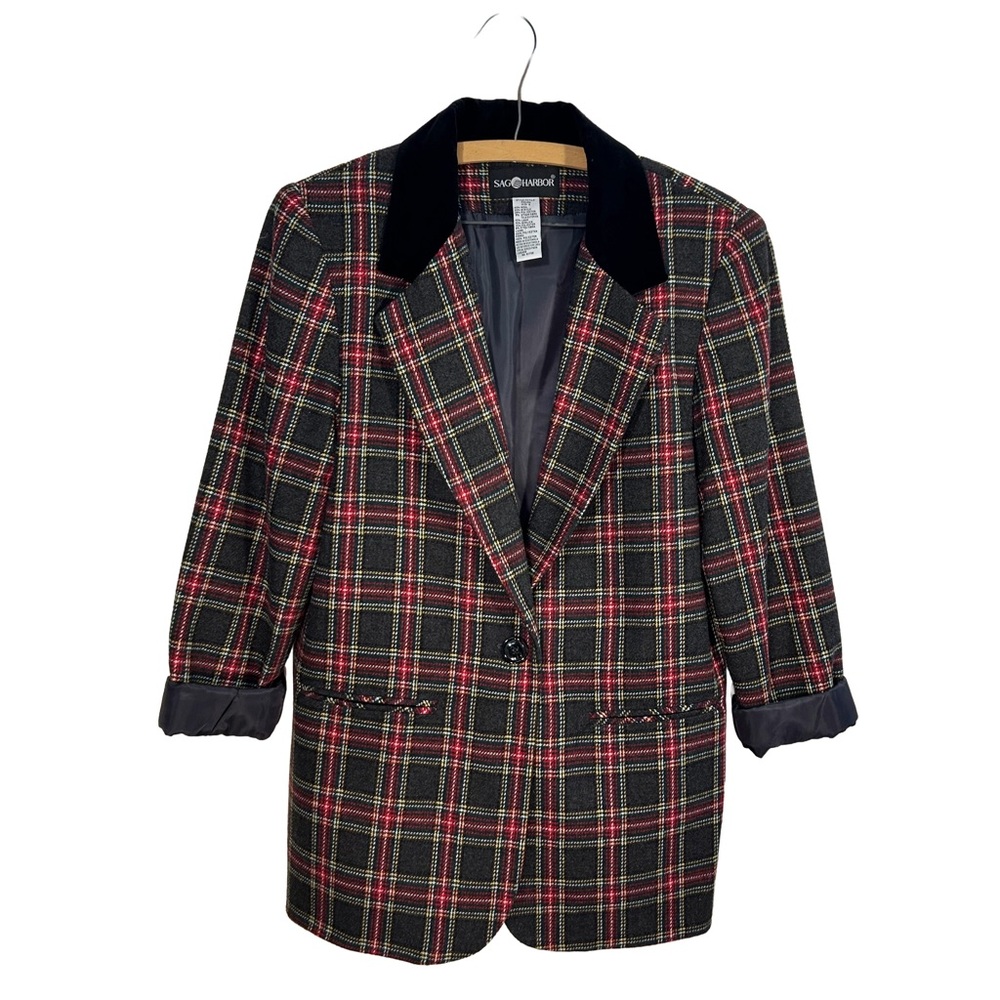 Vintage Sag Harbor Wool Plaid Blazer with Velvet Collar -Size 8P (Good Condition